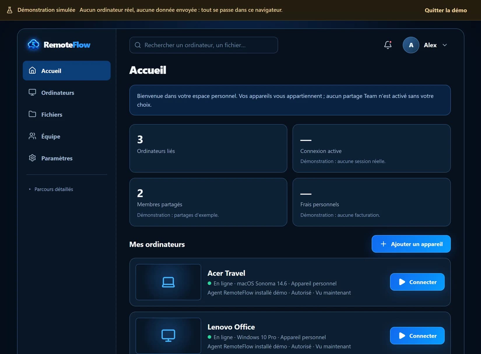 RemoteFlow — Portail : mes ordinateurs (démonstration)